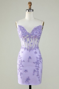 Lavender V-Neck Lace Bodycon Cocktail Dress
