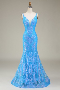 Sapphire Starlight: Blue Backless Beaded Lace Mermaid Gown with Spaghetti Straps
