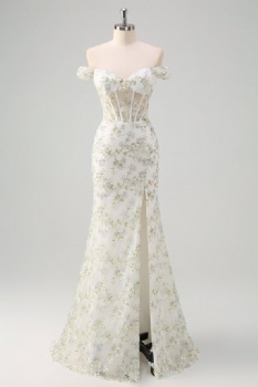 Celestial Mint: Pastel Green Off-the-Shoulder Lace Gown with Thigh-High Slit