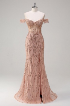Gilded Muse: Champagne Off-the-Shoulder Beaded Mermaid Gown with High Slit