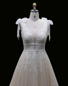 Champagne V-Neck A-Line Princess Wedding Dress with Romantic Lace & Tulle