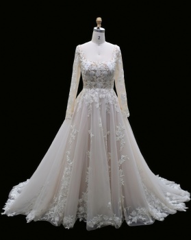 Blush Square Neck Long Sleeve Lace Wedding Dress with Full A-Line Tulle Skirt