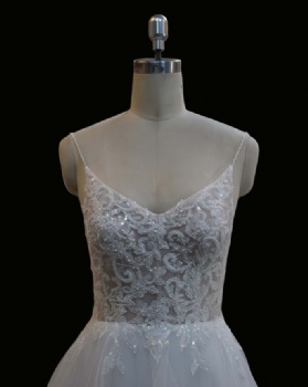 Delicate Spaghetti Strap A-Line Wedding Dress with Beaded Sweetheart Lace Bodice & Soft Tulle Skirt