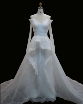 Off-the-Shoulder A-Line Wedding Dress with Long Lace Sleeves, High Waist & Asymmetrical Hem