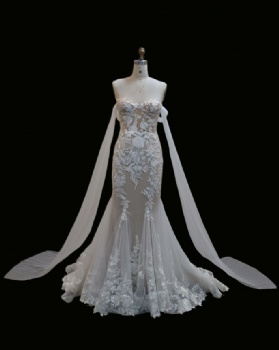 Mermaid Wedding Dress with Strapless Sweetheart Neckline, Illusion Long Sleeves & Detachable Ribbon Cuffs